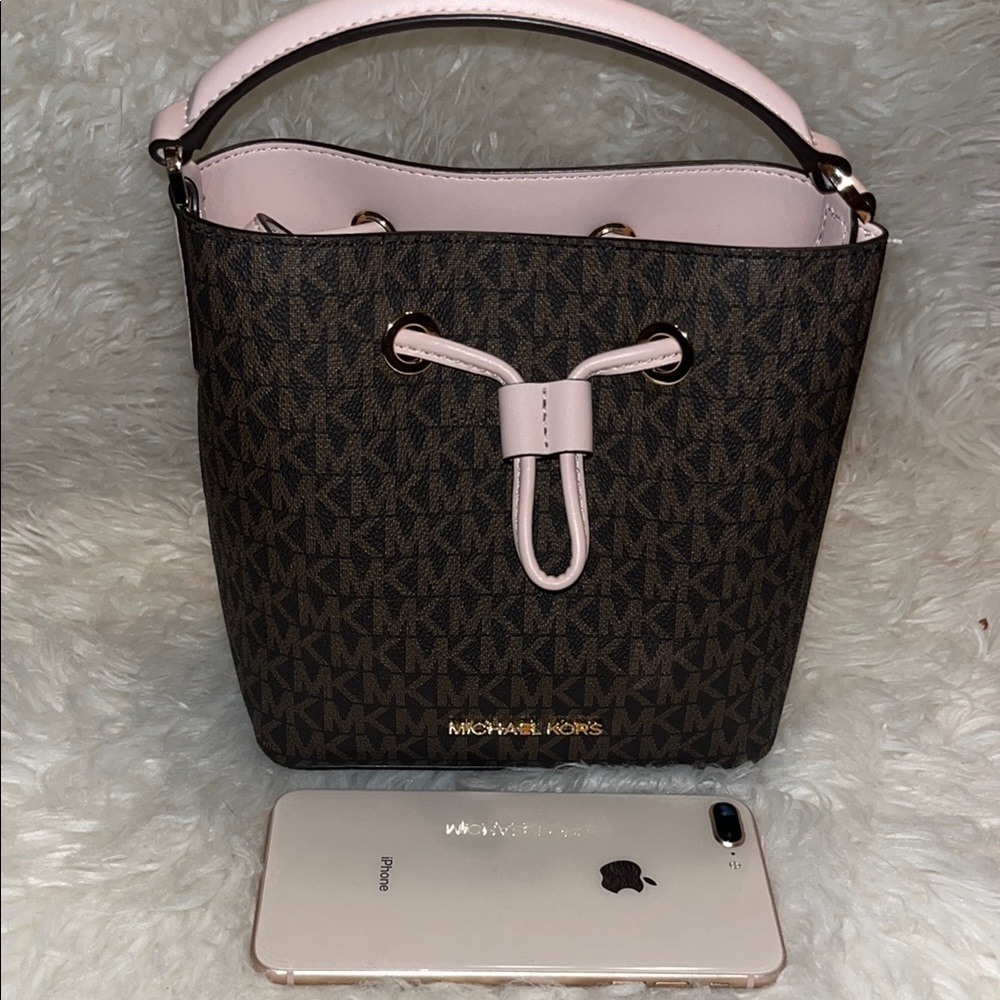 Michael Kors Suri Powder Blush Brown and Pink Shoulder Bag with Monogram Print